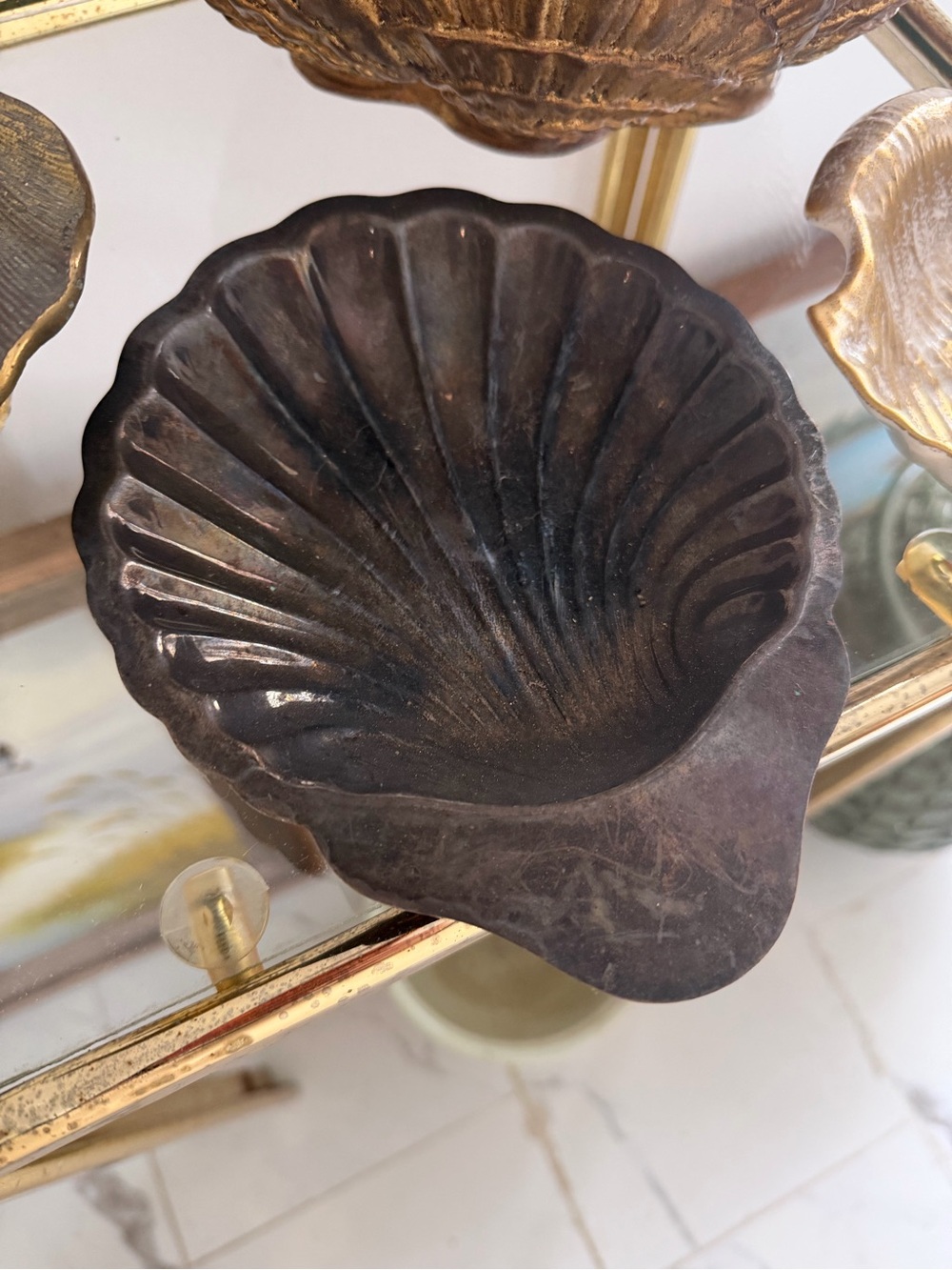 Vintage Shell-Shaped Trinket Dish - Dark Metal
